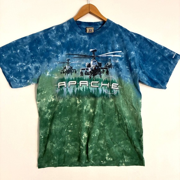 Vtg 90s Liquid Blue Apache Helicopter Boeing Tie Dye Shirt AOP Mens XL USA Made